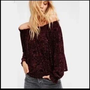 Free People Purple Velvet A Little Twist Off Shoulder Blouse
